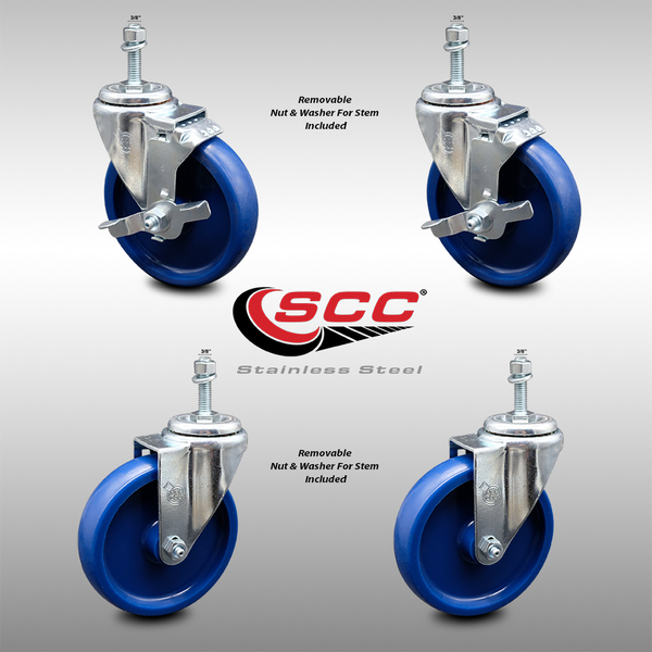 Service Caster 5 Inch SS Solid Polyurethane Swivel 3/8 Inch Threaded Stem Caster Brakes, 2PK SCC-SSTS20S514-SPUS-381615-2-TLB-2